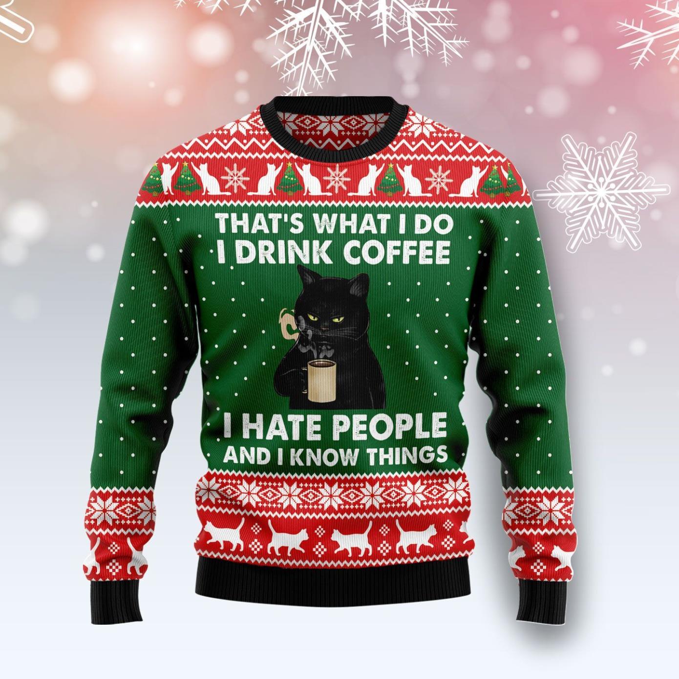 Black Cat Drink Coffee Ugly Christmas Sweater Product Photo 1