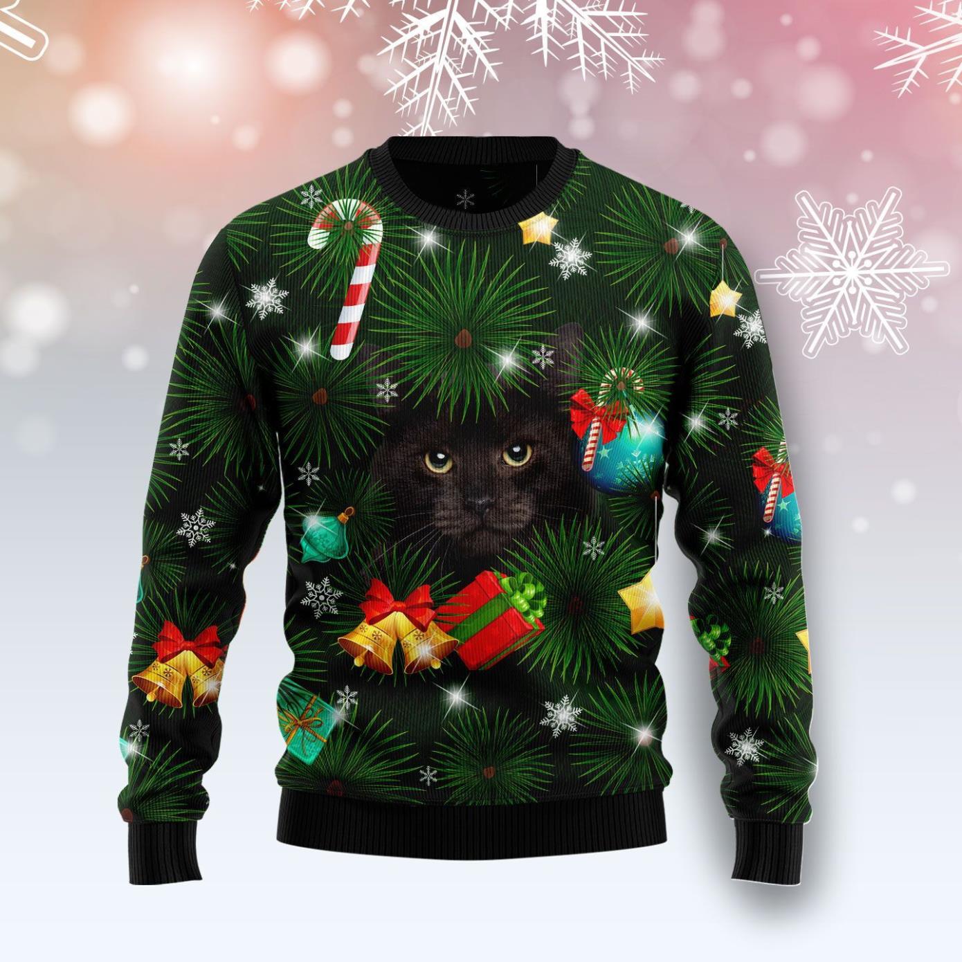 Black Cat Inside Tree Ugly Christmas Sweater Product Photo 1