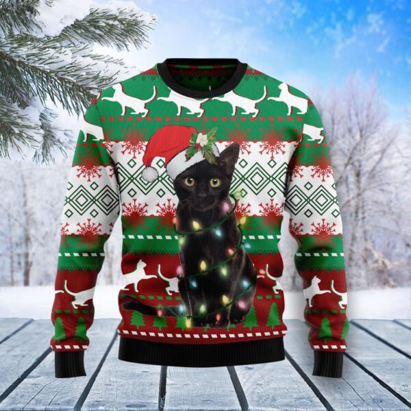 Black Cat Light Christmas Ugly Christmas Sweater Product Photo 1