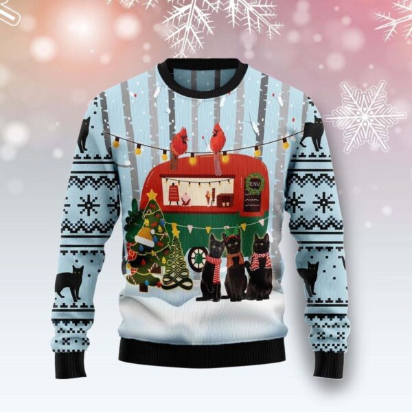 Black Cat Love Camping Ugly Christmas Sweater Product Photo 1