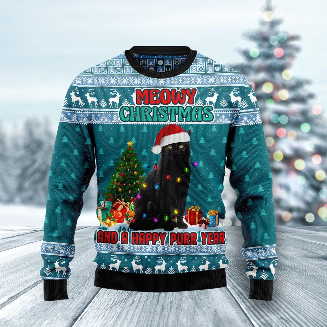 Black Cat Meomy Christmas And A Happy Purr Year Ugly Christmas Sweater Product Photo 1