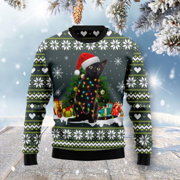 Black Cat Merry And Bright Ugly Christmas Sweater Product Photo 1