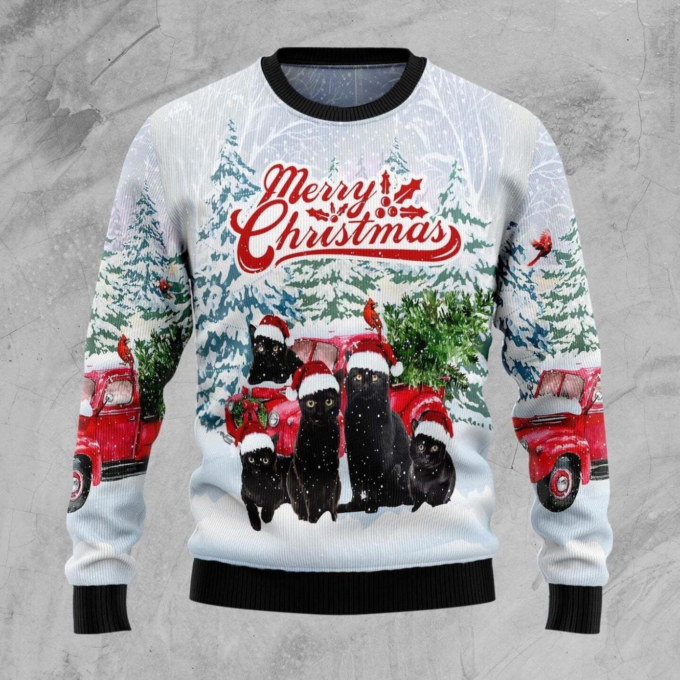 Black Cat Merry Christmas Ugly Christmas Sweater Product Photo 1