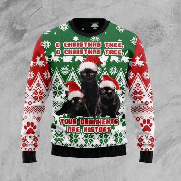 Black Cat Oh Christmas Tree Ugly Christmas Sweater Product Photo 1