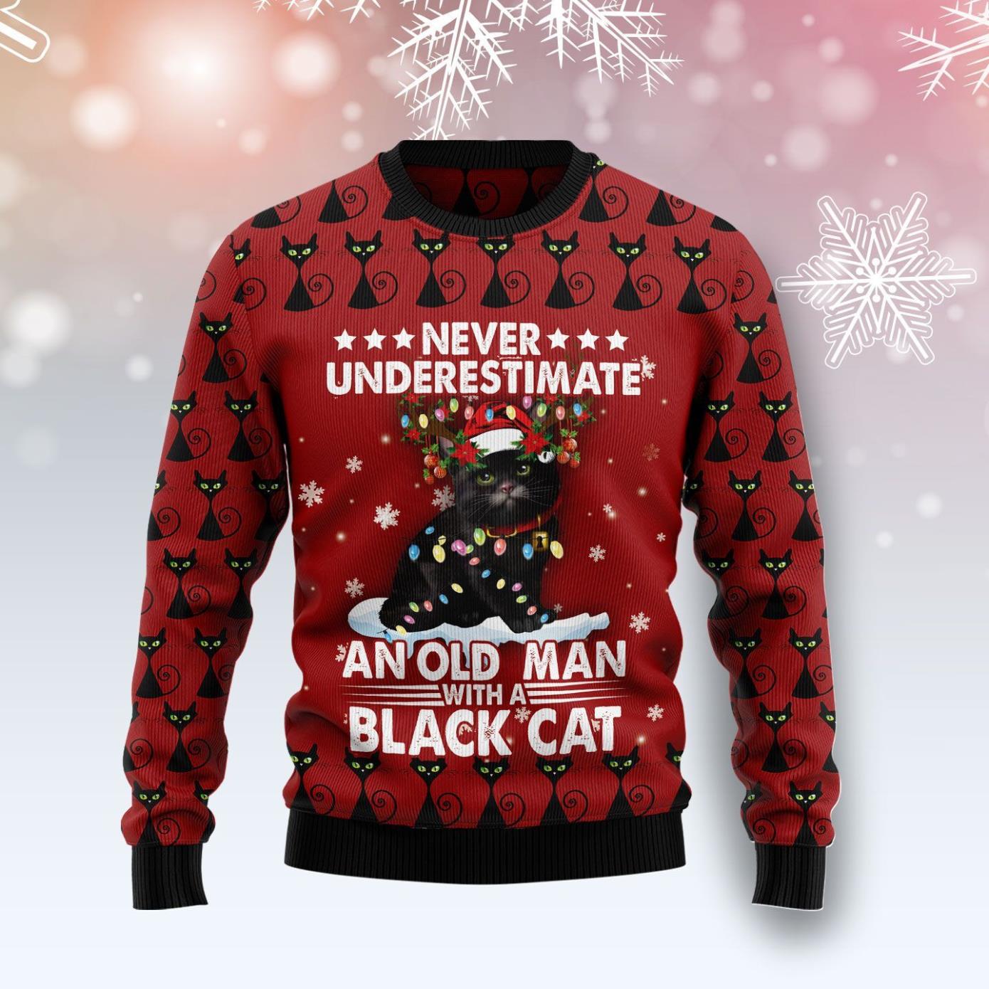 Black Cat Old Man Ugly Christmas Sweater Product Photo 1