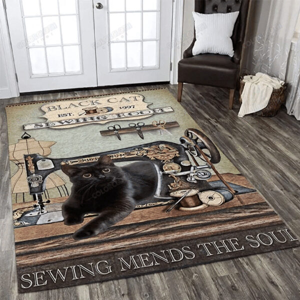 Black Cat Sewing Rectangle Rug Home Decor Product Photo 1