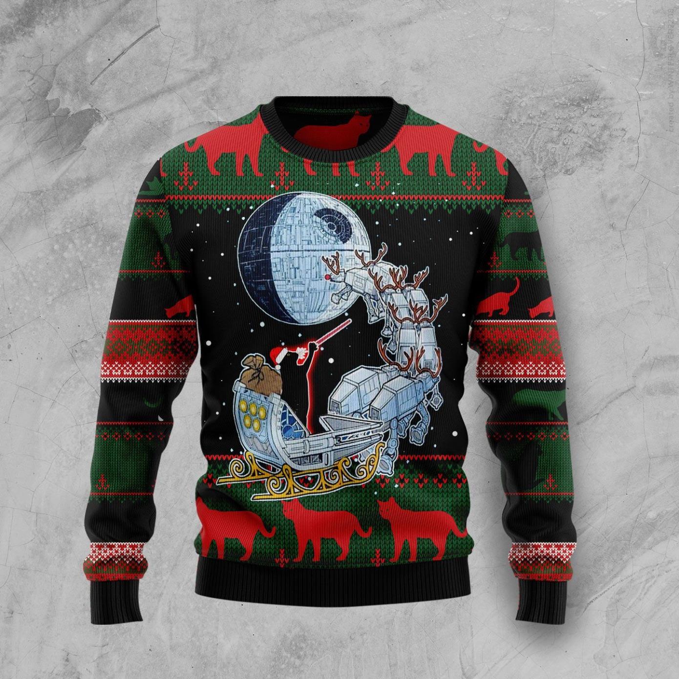 Black Cat Sleigh To Death Star Ugly Christmas Sweater Product Photo 1