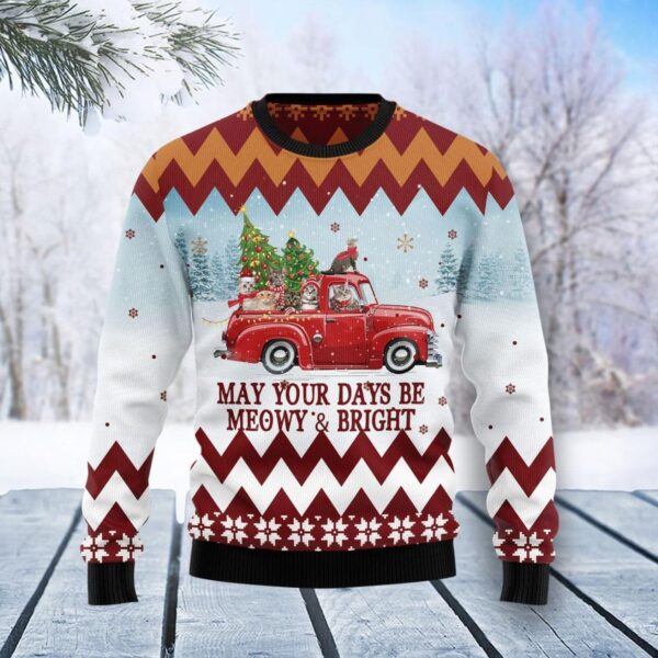 Cat Red Truck Ugly Christmas Sweater Product Photo 1