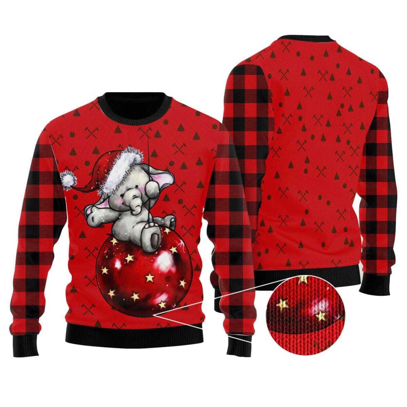 Elephant Cute Red Pattern Ugly Christmas Sweater Product Photo 1