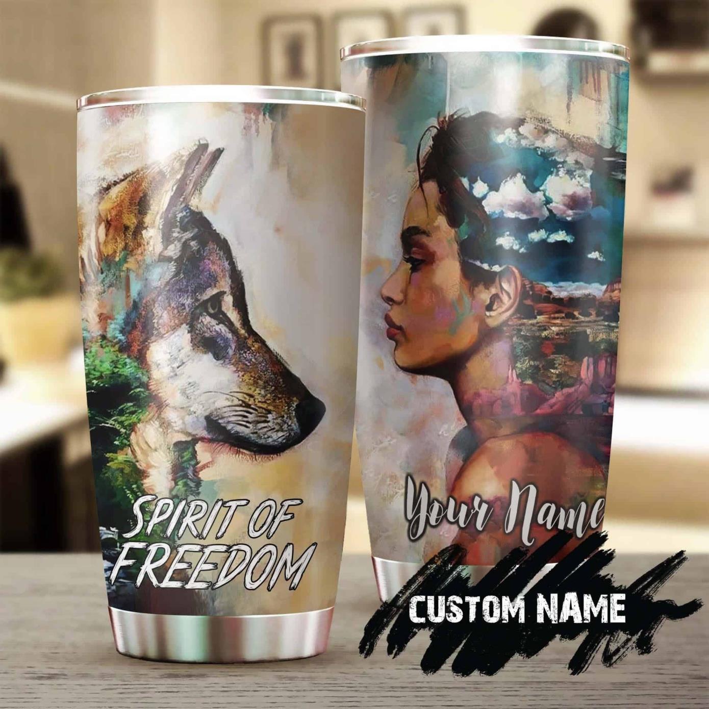 Girl Wolf Spirit Of Freedom Personalized Steel Tumbler – Wolf Lover Tumbler Product Photo 1