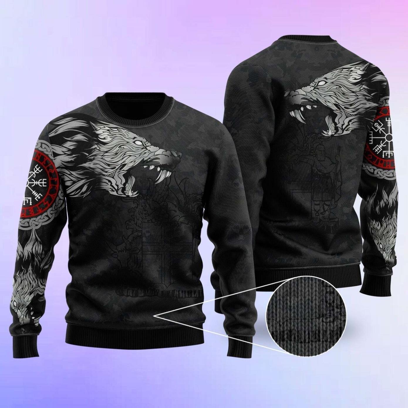 Iceland Fenrir Wolf And Vegvisir Viking Ugly Christmas Sweater Product Photo 1